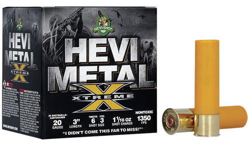 HEVI-Shot Metal Xtreme 20 Ga, 3″, 1 1/16 oz, Tungsten, 6 & 3 Shot, 25Bx/10Cs