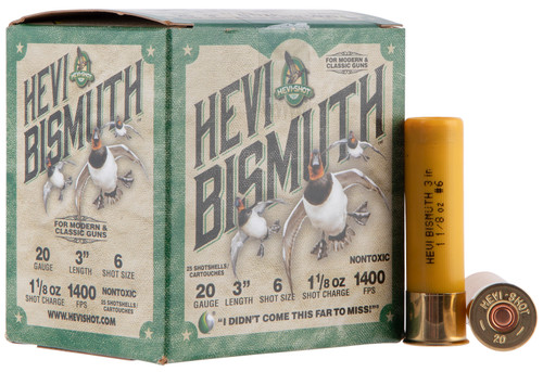 HEVI-Shot Waterfowl 20 Ga, 3″, 1 1/8 oz, Bismuth, 6 Shot, 25Bx/10Cs