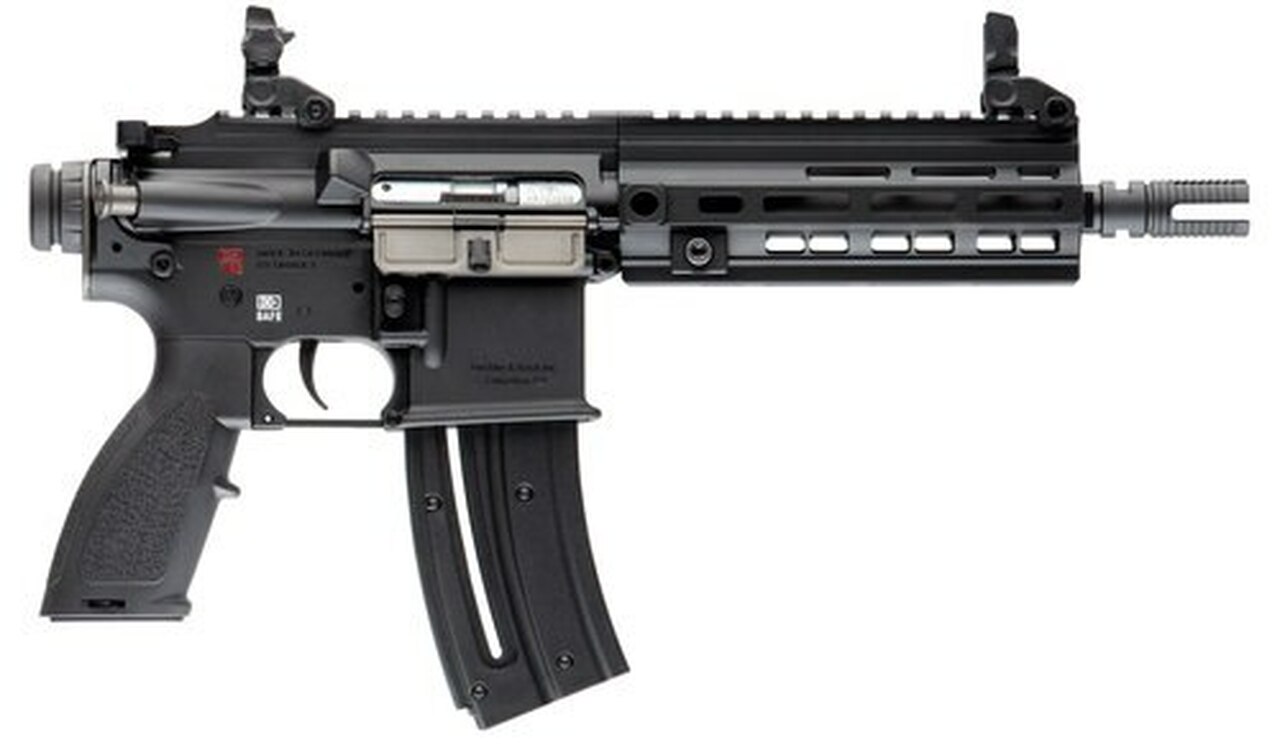 HK, HK416, 22 LR, Semi-automatic, Blowback Action, 8.5″ Threaded Barrel, Aluminum Frame, Black, Synthetic Grip, 10Rd, 1 Mag, M-Lok RIS Rail, Right Hand, Front/Rear Flip Sights
