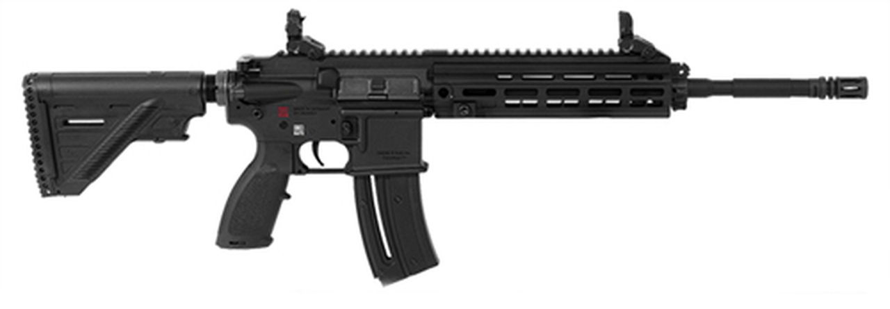 HK, HK416, Semi-Automatic, 22 LR, AR-15, 16.1″ Threaded Barrel, 1/2X28 Threads, Black, Synthetic Stock, Right Hand, 1 Mag, 20Rd, M-Lok RIS Rail, Front/Rear Flip Sights