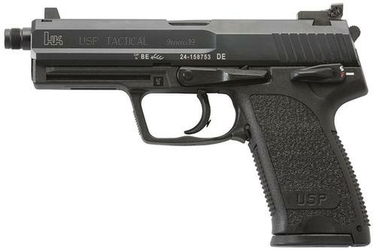 HK, USP Tactical, Semi-automatic, DA/SA, 9mm, 4.86″ Threaded Barrel, Polymer Frame, Black, Safety/Decocker, Adjustable Sights, 15Rd, 2 Magazines