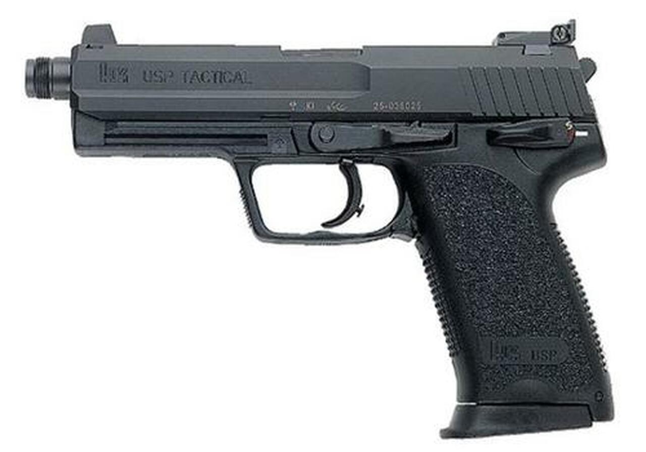 HK USP Tactical, V1, DA/SA, Full Size, 45ACP, 5.09″ Threaded Barrel, Polymer Frame, Black, 3 Dot Sights, Safety/Decocker, 12Rd, 2 Magazines