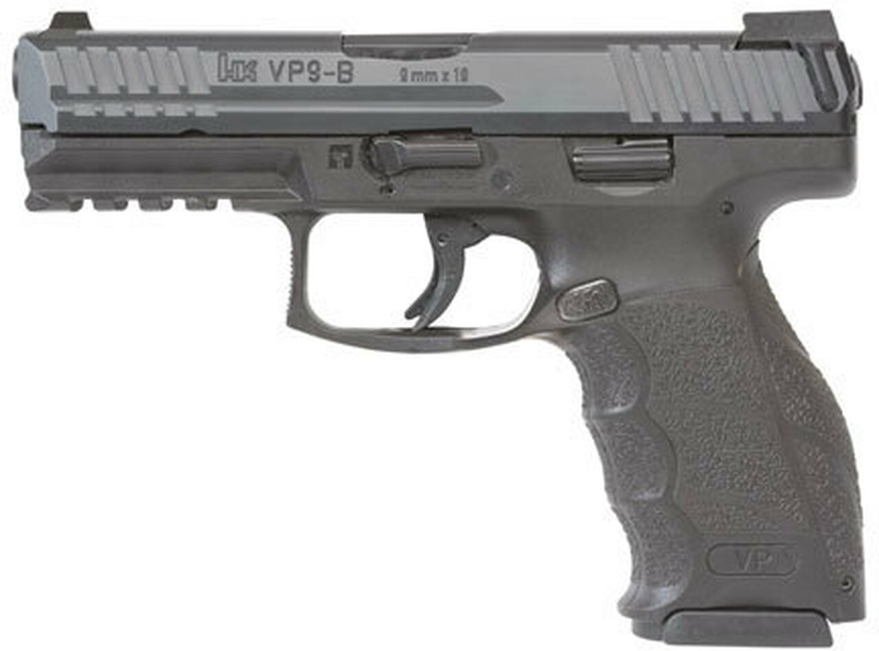 HK VP9-B 9MM, 4″ Barrel Black, 3 Dot Sights, Push Button Mag Release, 2x15rd Mags