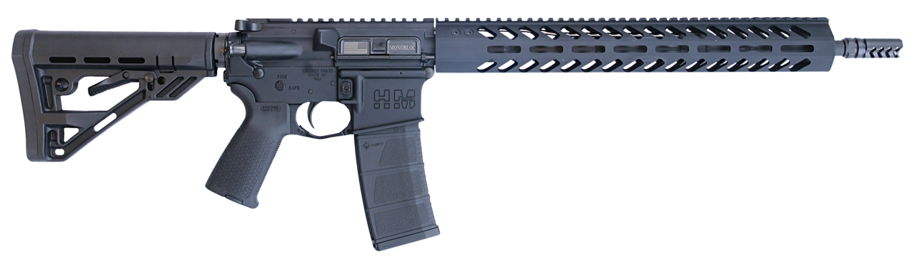 HM Defense Defender M5LAR 223 Rem/5.56mm, 16″ HBAR Barrel, Midlength Gas System, Integral Gas Block, 1:8 Twist, Muzzle Brake, Black, Anodized, 15″ Free Float Rail, M-LOK, Collapsible Stock