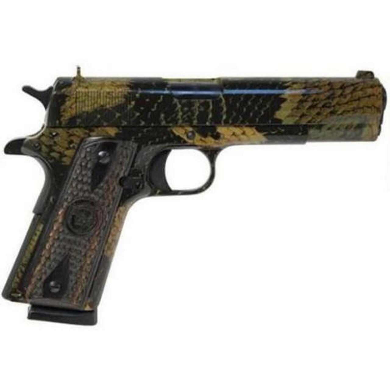 Iver Johnson 1911 A1, 45 ACP, 5″, 8rd, Black Boa Snakeskin Finish, Wood Grips