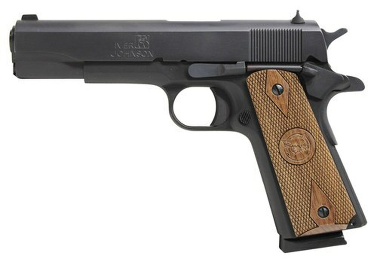 Iver Johnson 1911 A1, 45 ACP, 5″, 8rd, Walnut Grips, Black