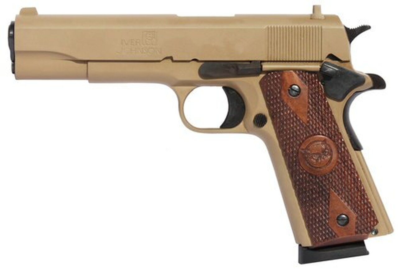 Iver Johnson 1911 A1, 45 ACP, 5″, 8rd, Walnut Grips, Coyote Tan