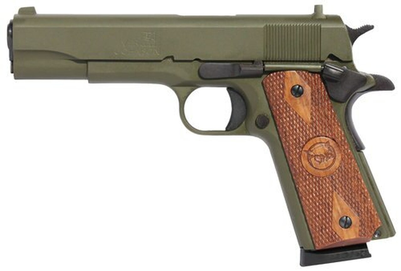 Iver Johnson 1911 A1, 45 ACP, 5″, 8rd, Walnut Grips, OD Green