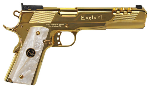 Iver Johnson 1911 Deluxe 10mm, 6″ Barrel, 24k Gold, White Synthetic Grip, 8rd