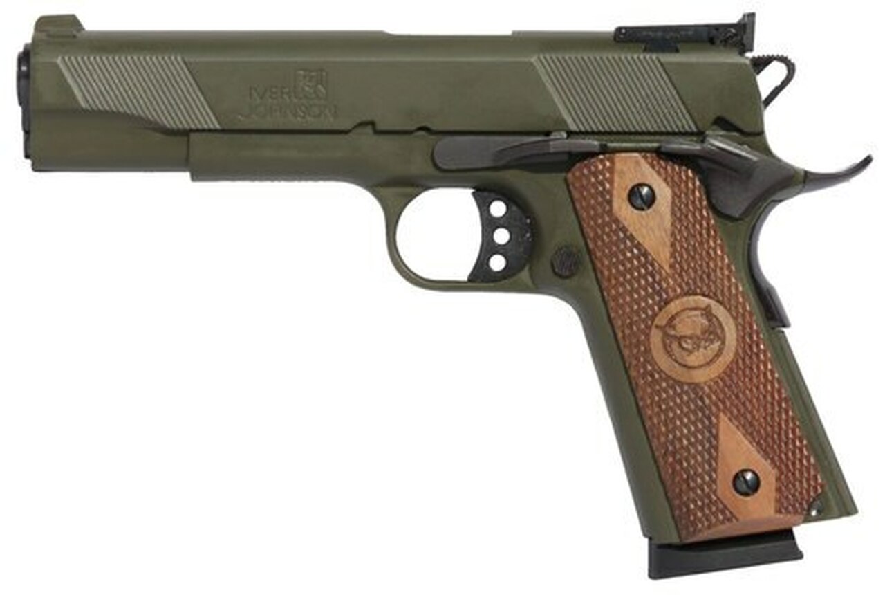 Iver Johnson 1911 Eagle, 45 ACP, 5″, 8rd, Walnut Grips, OD Green