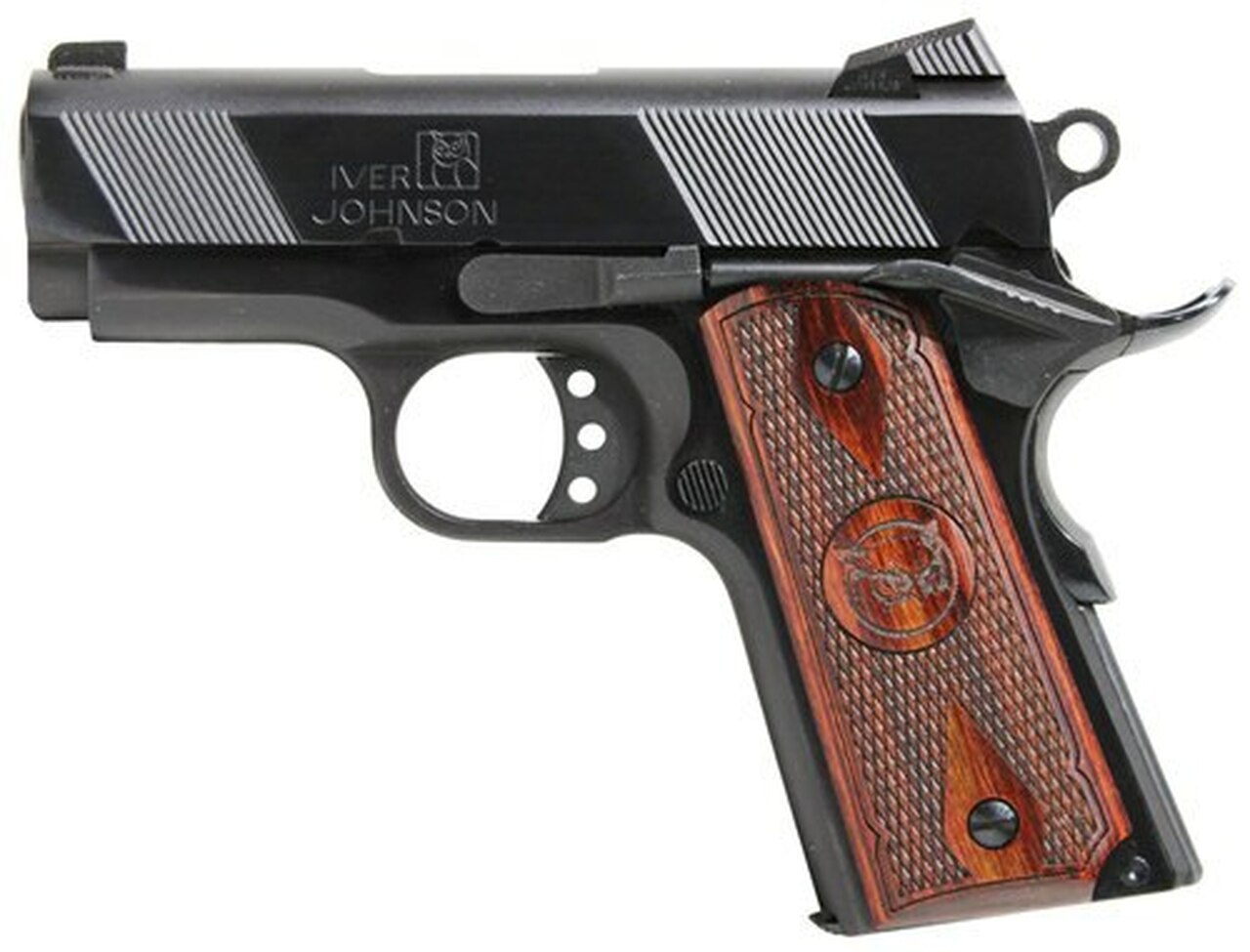 IVER JOHNSON 1911 Thrasher Officer 70 Series 45 ACP Single 3.125″ Barrel, Walnut Grip Polished Blued Steel Frame/Slide, 7rd