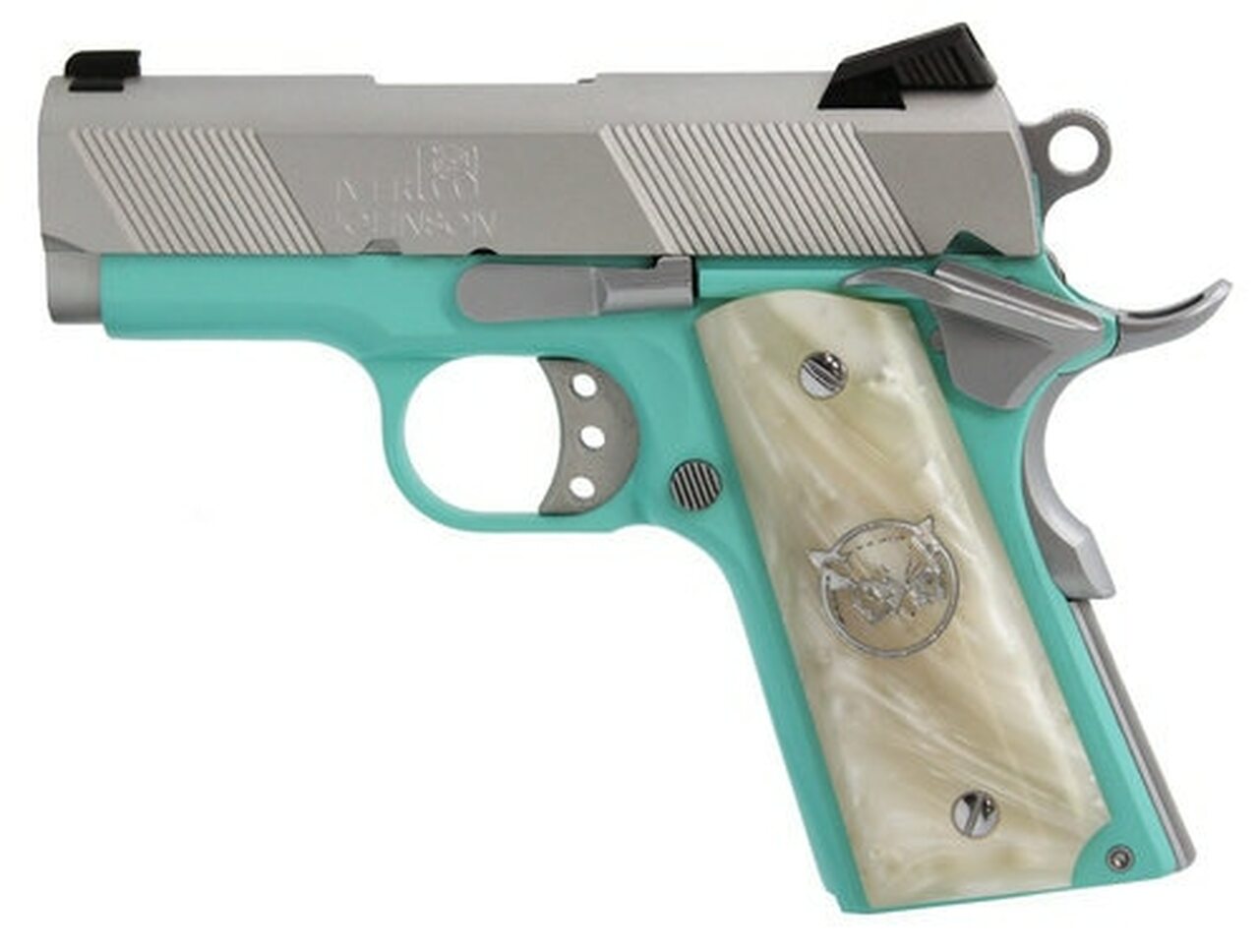 Iver Johnson 1911 Thrasher Officer 70 Series 9mm, 3.125″ Barrel, White Pearl Grips, Tiffany Blue, 8rd