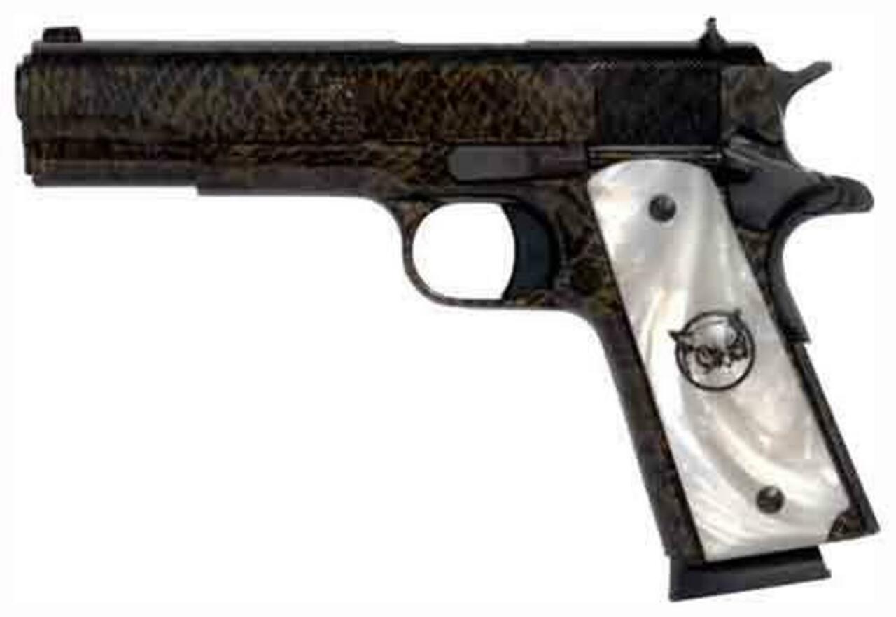 Iver Johnson Hawk 1911A1, 45 ACP, 5″, 8rd, Water Moccasin Finish, Peal Grips