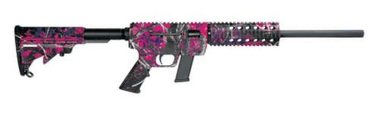 Just Right Carbine 9mm 16.25″ Threaded Barrel Collapsible M4 Stock Muddy Girl Finish Quad Rail Forend 17rd Glock Magazine