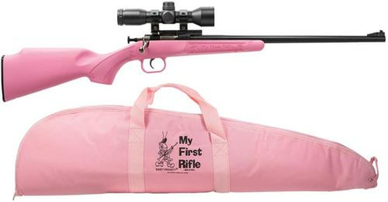 Keystone Crickett 22LR, Scope/Case, 16.1″, 1rd, Synthetic Pink Stock, Blued