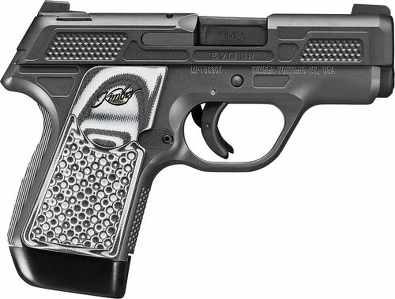 Kimber EVO SP CS Custom Shop 9mm, 3″ Barrel, Tritium Night Sights, Striker Fired, Gray-Black G10 Grips, Stiplex, 7rd Mag