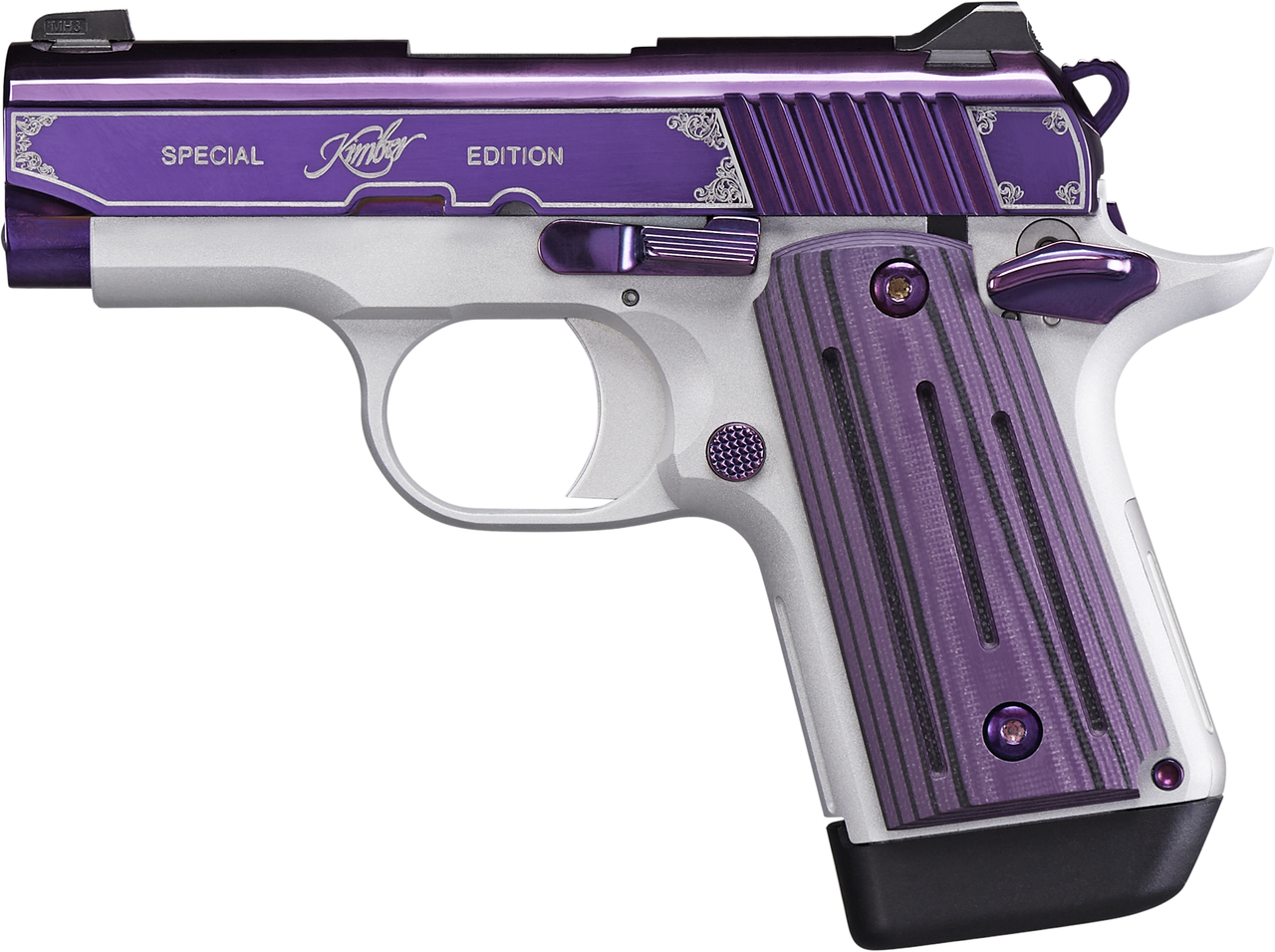 Kimber Micro 9 Amethyst 9mm, 3″ Barrel, Purple PVD W/Engraving, Purple G10, 7rd