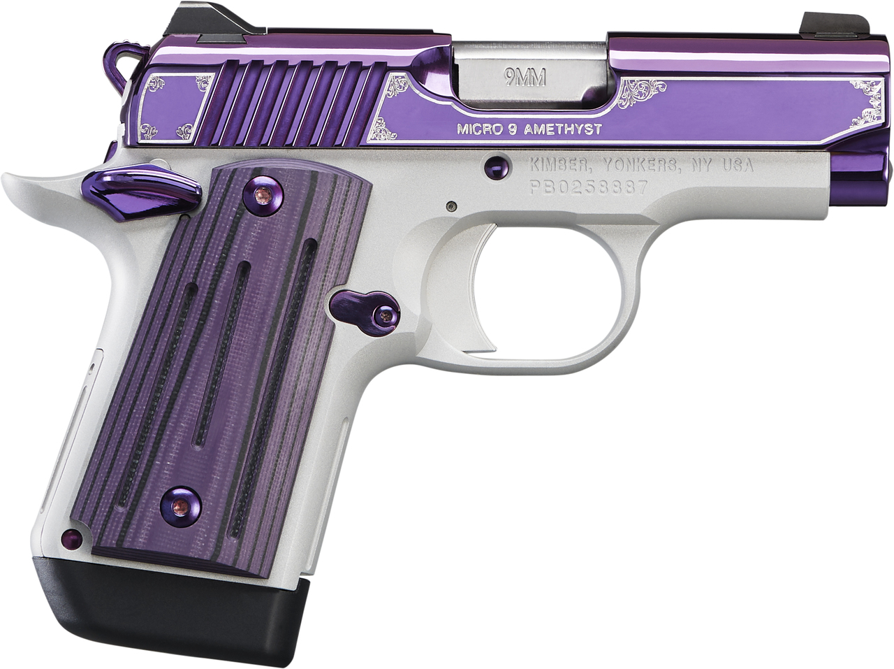 Kimber Micro 9 Amethyst 9mm, 3″ Barrel, Purple PVD W/Engraving, Purple G10, 7rd