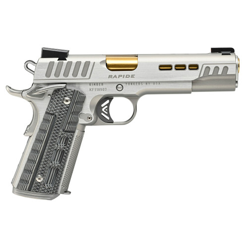 Kimber Rapide Dawn, 1911 9mm, 5″ Barrel, Gold TiN Finish, TRUGLO TFX Tritium/Fiber-Optic Sights, G10 Grips, Manual Safety, 9rd, 1 Magazine, California Compliant