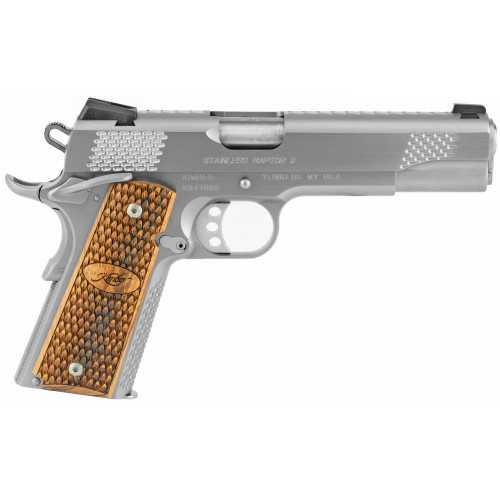 Kimber Raptor II 1911 45 ACP, 5″ Barrel, Silver, Zebrawood Grip, CA Compliant, 8rd