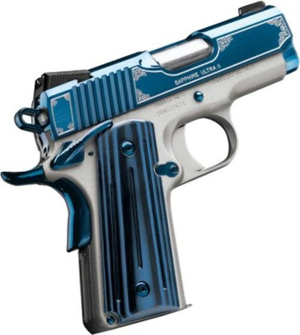 Kimber Sapphire Ultra II 45 ACP, 3″, 8rd, Satin Silver/High Polish Bright Blue PVD