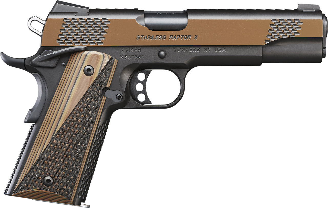 Kimber Stainless Raptor II .45 ACP, 5″ Barrel, KimPro Black/Tru-Tan, Black/Tan Grips, 8rd