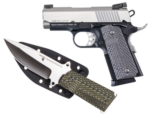 Magnum Research 1911U 45 ACP, 3″ Barrel, Black Frame, Silver Slide, Includes Knife/Sheath, 6rd