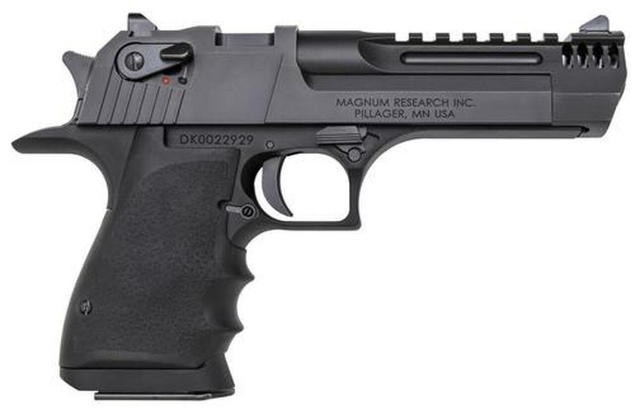 Magnum Research Desert Eagle L5 44 Mag, 5″ Barrel w/Integral Muzzle Brakel, Black Finish, Hogue Soft Rubber Grips w/Finger Grooves, 8Rd Mag