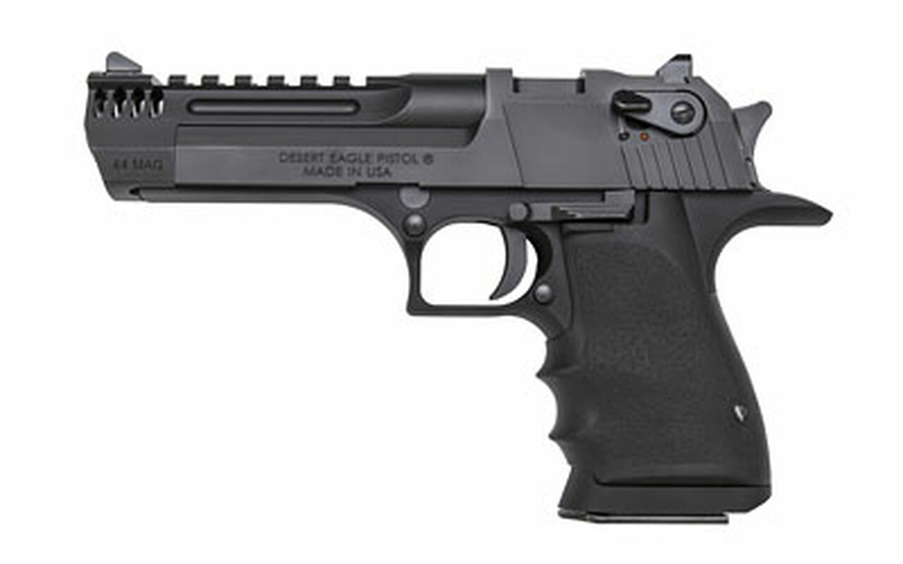 Magnum Research Desert Eagle L5 44 Mag, 5″ Barrel w/Integral Muzzle Brakel, Black Finish, Hogue Soft Rubber Grips w/Finger Grooves, 8Rd Mag