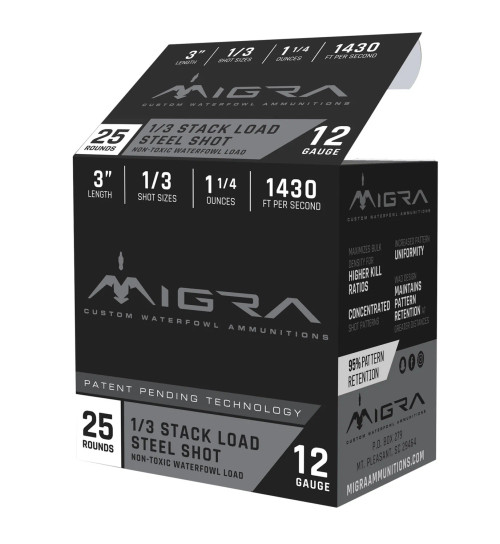 Migra Stacked Steel Ammo 12ga, 3in, 1.25oz, 1-3 Shot 25rd (10 per case)
