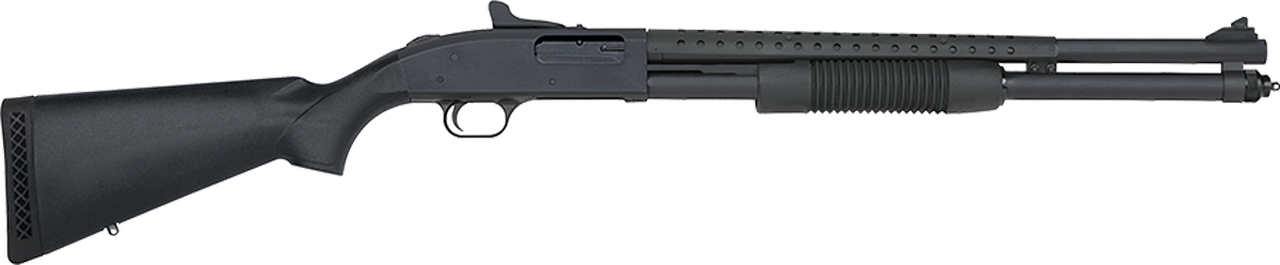 Mossberg 590, Persuader 12 Ga, 3″ Chamber, 20″ Cylinder Barrel, Blue Finish, Synthetic Stock, Includes Heat Shield, 9Rd, Ghost Ring Sight