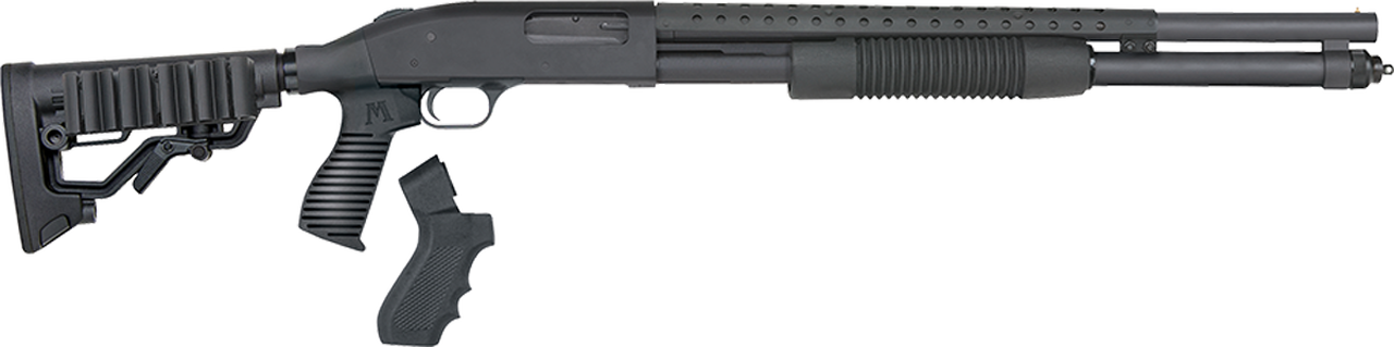 Mossberg 590, Persuader 12 Ga, 3″ Chamber, 20″ Cylinder Barrel, Blue Finish, Synthetic Stock, Includes Heat Shield and Pistol Grip Kit, 9Rd, Bead Sight