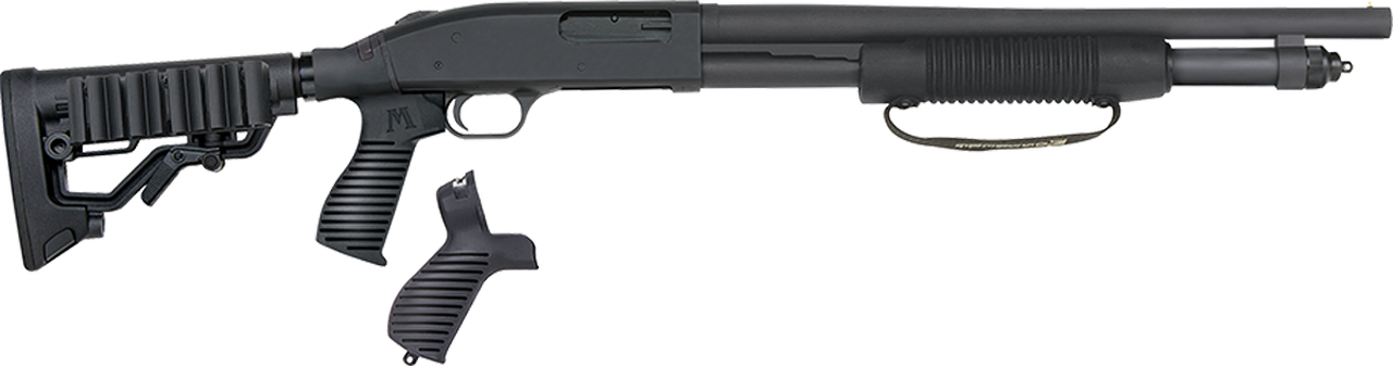 Mossberg 590, Tactical 12 Ga, 3″ Chamber, 18.5″ Cylinder Barrel, Blue Finish, 6 Position Flex Tactical Stock with Corn Cob Forend, Right Hand, 7Rd, Bead Sight