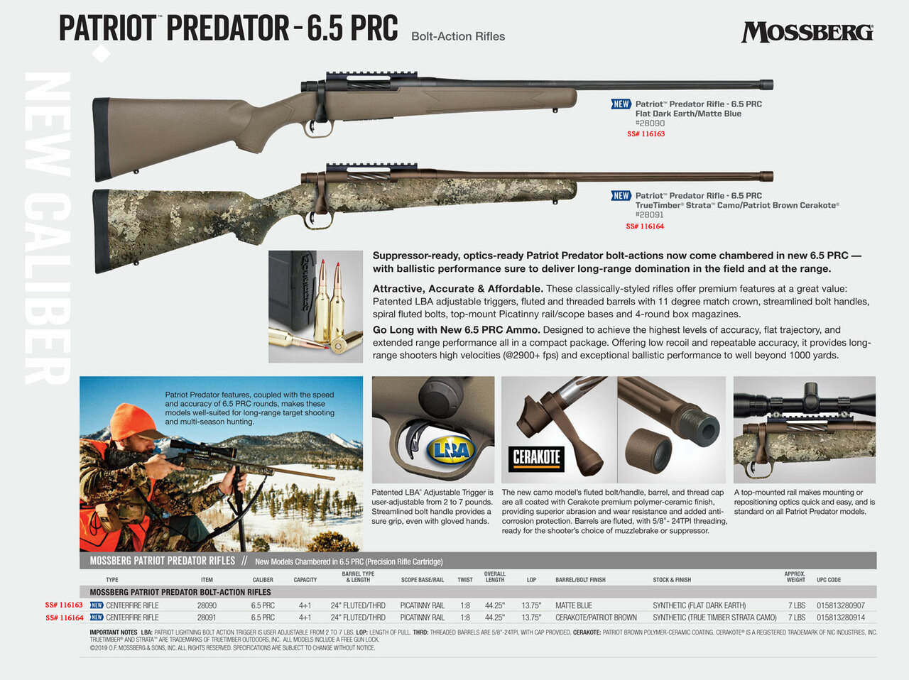 Mossberg Patriot, Predator, Bolt Action, 6.5 PRC, 24″ Fluted Threaded Barrel, Brown Finish, Syntheic Strata Camo Stock, Adj. Trigger, Picatinny, Oversized Handle, Box Magazine, 5rd