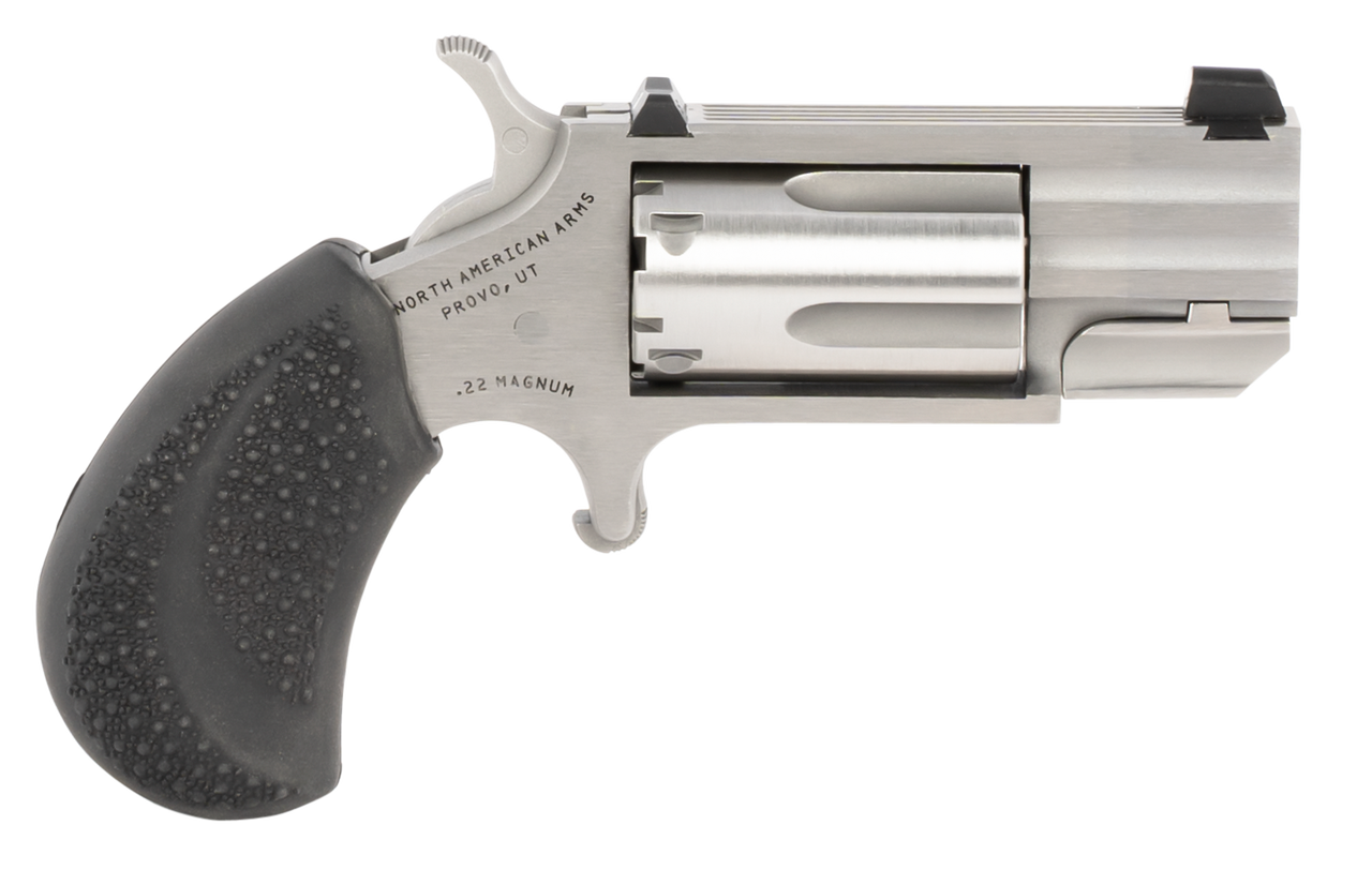 NAA Pug 22 LR,22 Mag 5rd 1″ Stainless Steel Black Rubber Grip White-Dot Sights