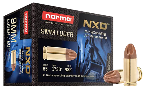 Norma Non-eXpanding Defensive 9mm, 65gr, Copper Projectile, 20rd Box