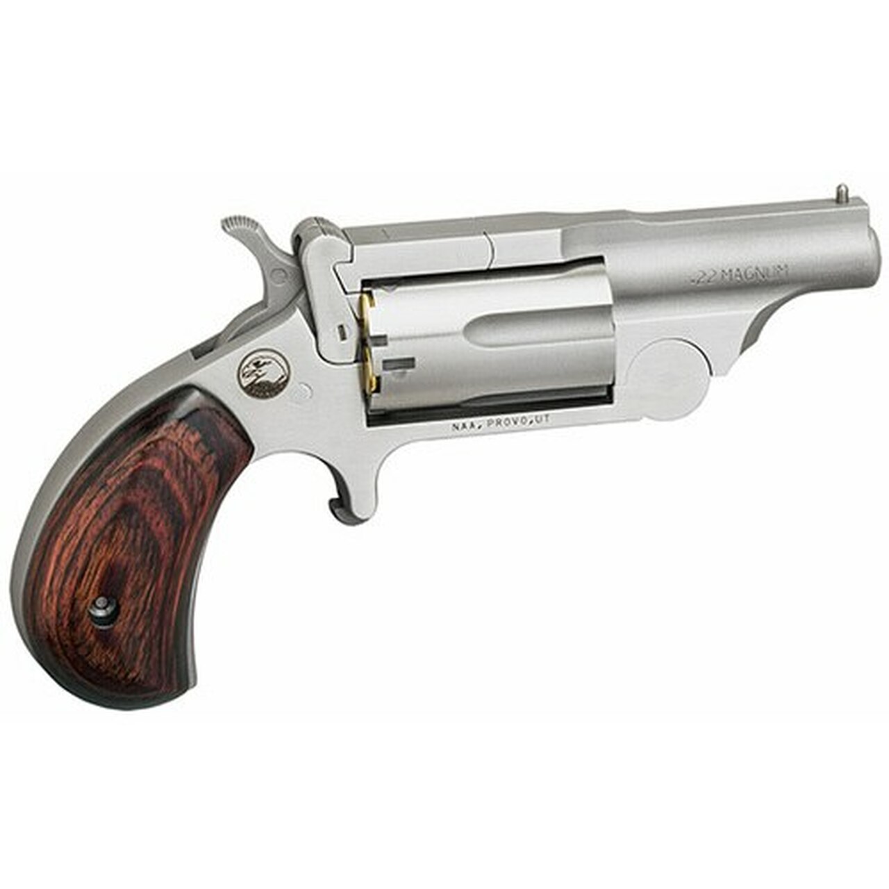 North American Arms Mini Revolver, Ranger II, Revolver, 22 WMR, 1.625″, Full Ribbed Barrle, Full Bead Blast, Rosewood Grips, Fixed Sights, 5Rd, Break Open Cylinder