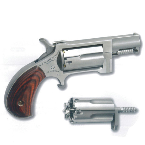 North American Arms Sidewinder, Single Action, Revolver, 22 WMR, 1.5″ Barrel, Stainless, Silver, Wood Grips, Fixed Sights, 5rd, Swing-out Style Cylinder Assembly
