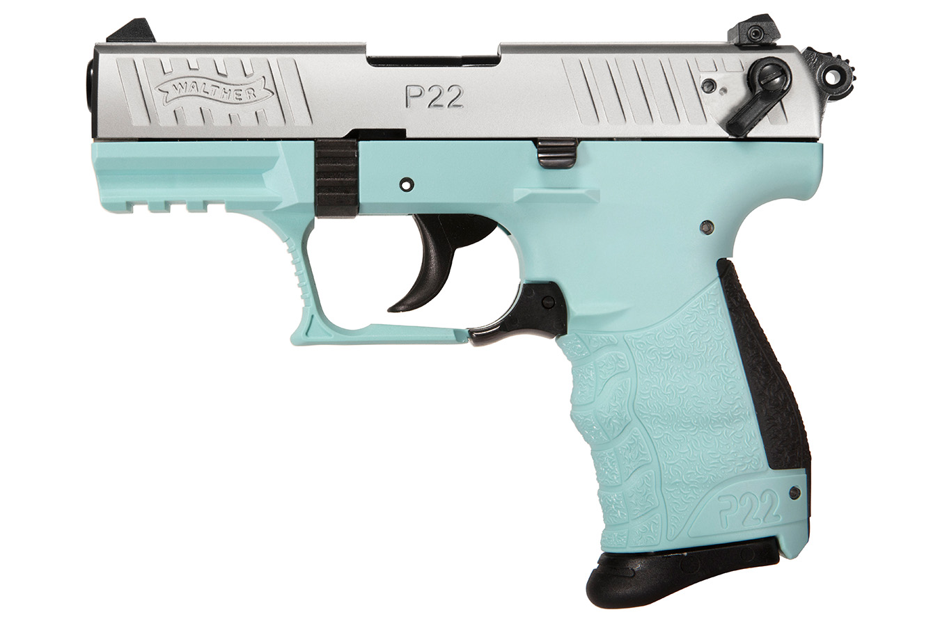 P22Q 22 LR Semi Auto Pistol with Angel Blue Frame and Satin Stainless Slide
