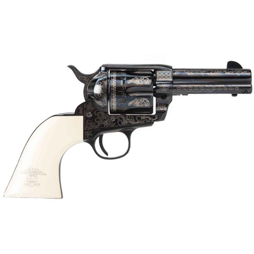 Pietta Great Western II 9mm, 3.5″ Barrel, Ultra Ivory Engraved Liberty Eagle Grip, 6rd