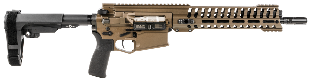 POF Revolution Pistol, .308, 12.5″ Deep Fluted Barrel, Piston, 11.5″ Modular Rail, Sb-A3 5 Position Collapsible Brace, Cerakote Burnt Bronze 20rd Mag