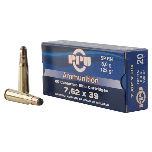 PPU 7.62x39mm, 123gr, Soft Point Round Nose, 20rd Box