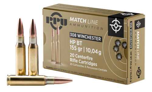PPU Ammo 308 Win 7.62x51mm, 155gr, Hollow Point Boat-Tail, 20Bx/10Cs