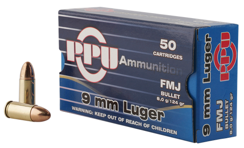 PPU Ammunition Defense 9mm, 124gr, Full Metal Jacket, 50Bx/20Cs