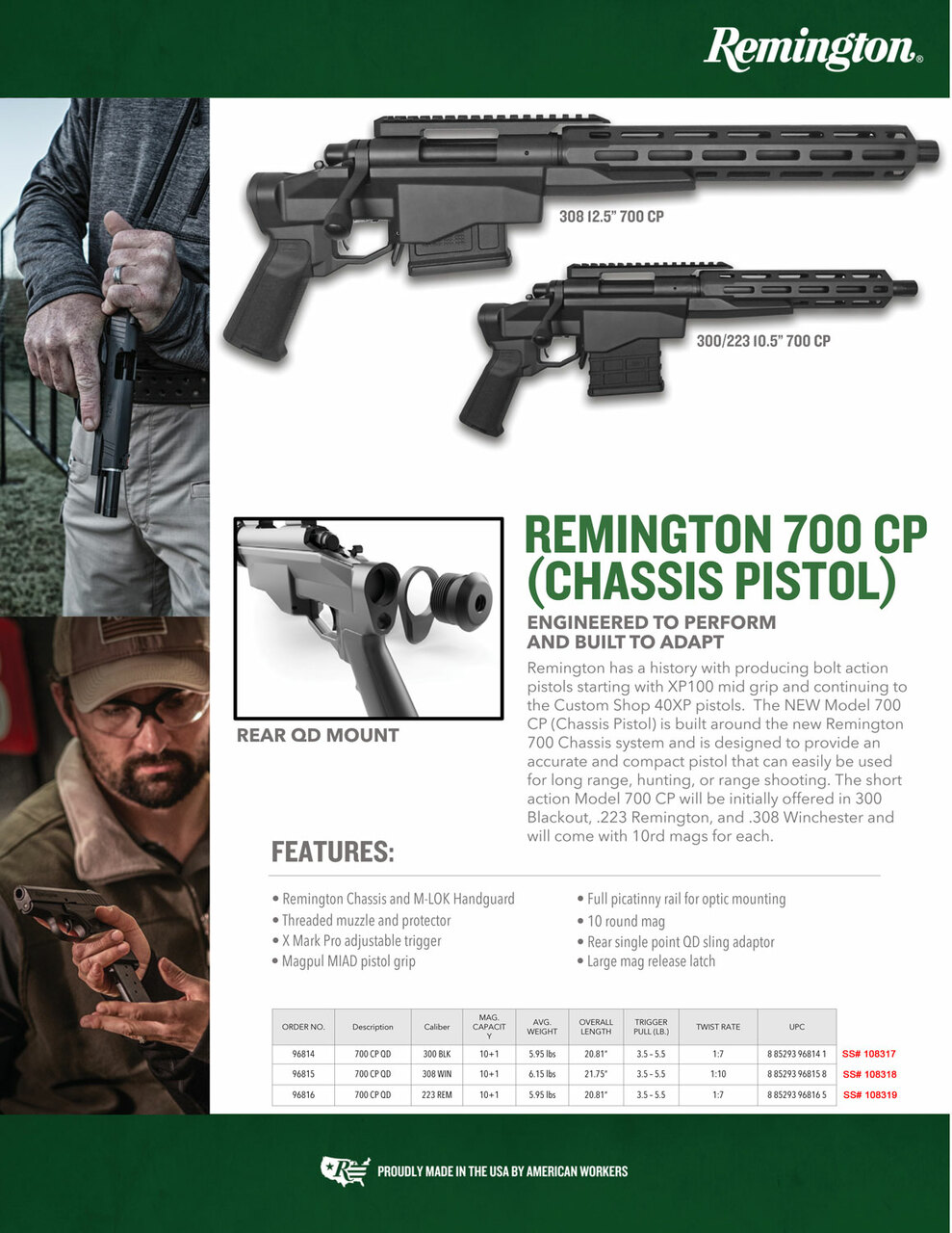 Remington 700-CP, Bolt, 308 Winchester, 12.5″ Barrel, Alloy, Black, 10Rd, Threaded, M-Lok, Thumb Safety, Pistol Brace Included