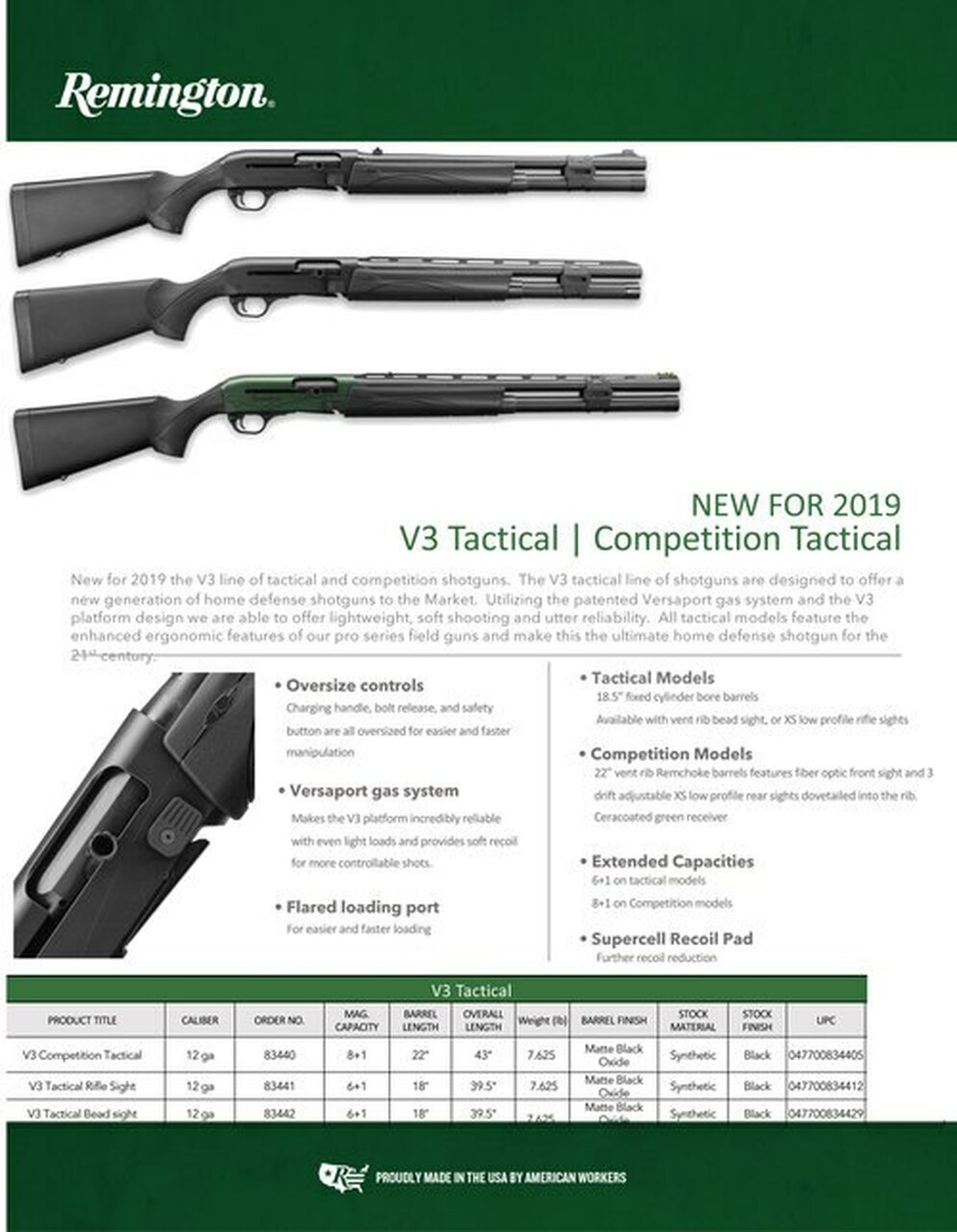 Remington V3 Tactical 12 Ga 3″ Chamber, 18.5″ Barrel, Black, Synthetic Stock, 6 Remington Chokes Included, Rifle Sights, Oversized Safety, Bolt Release and Bolt Handle, 6Rd