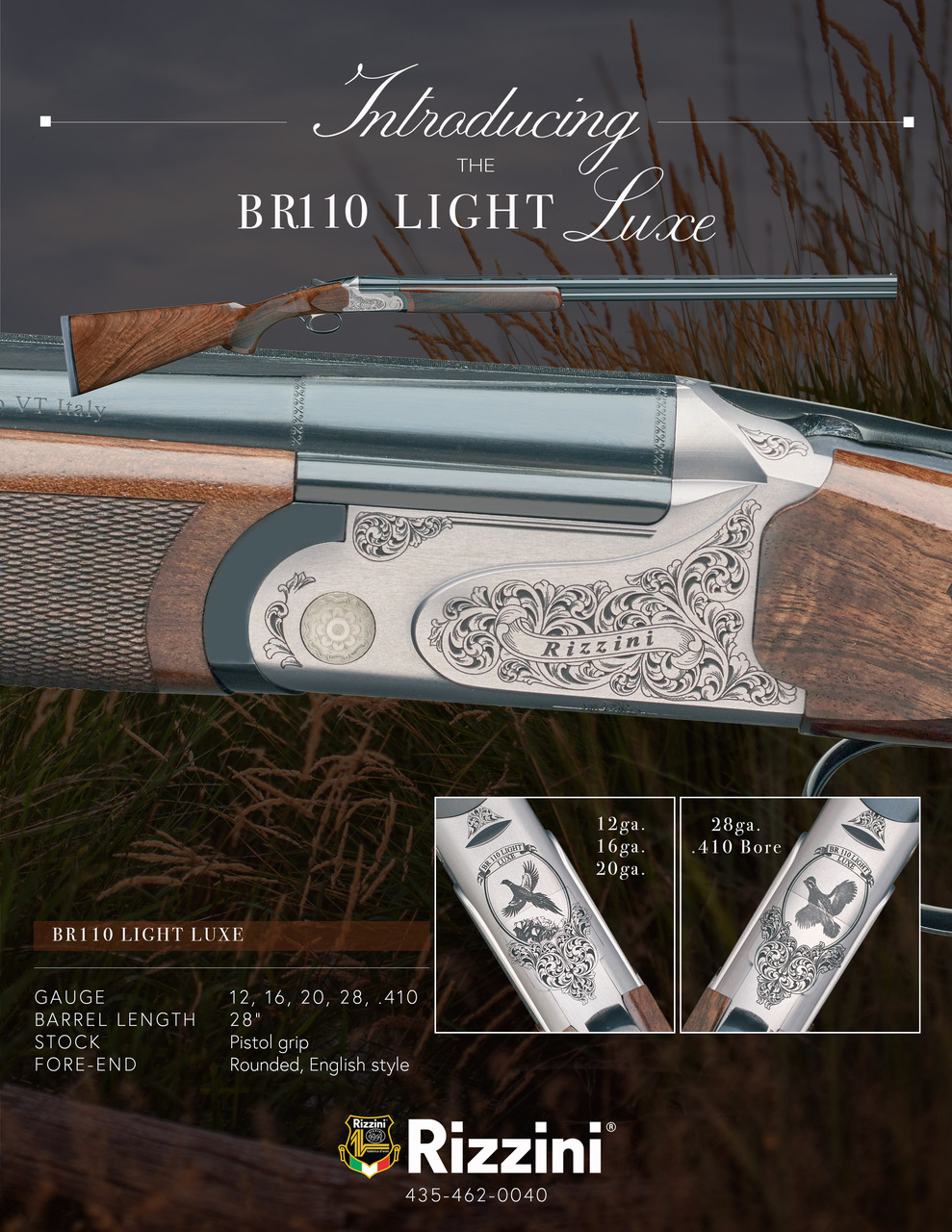 Rizzini BR110 Light Luxe 12g O/U, 28″ Barrel, Pistol Grip Stock, Rounded English Style Fore-end