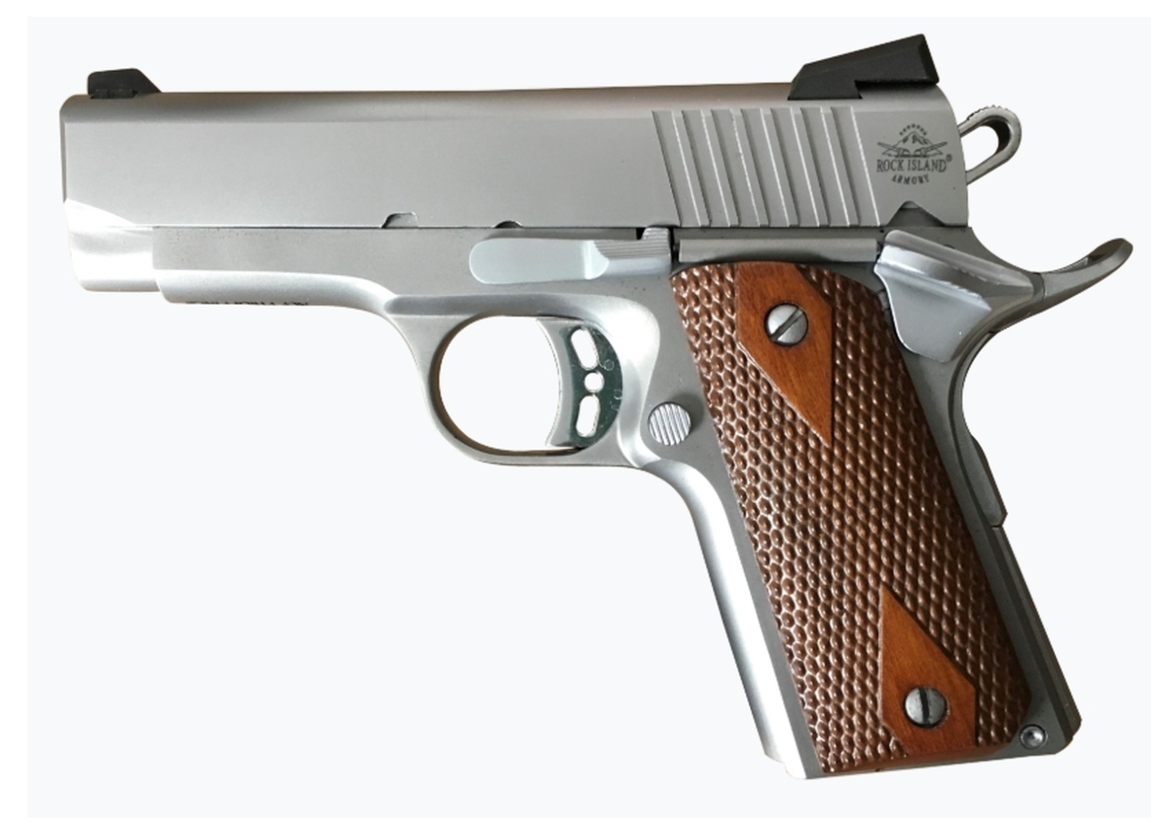 Rock Island ECS 1911, Compact, 45ACP, 3.63″ Barrel, Steel Frame, Stainless Finish, Wood Grips, Fixed Sights, 7Rd, 1 Magazine
