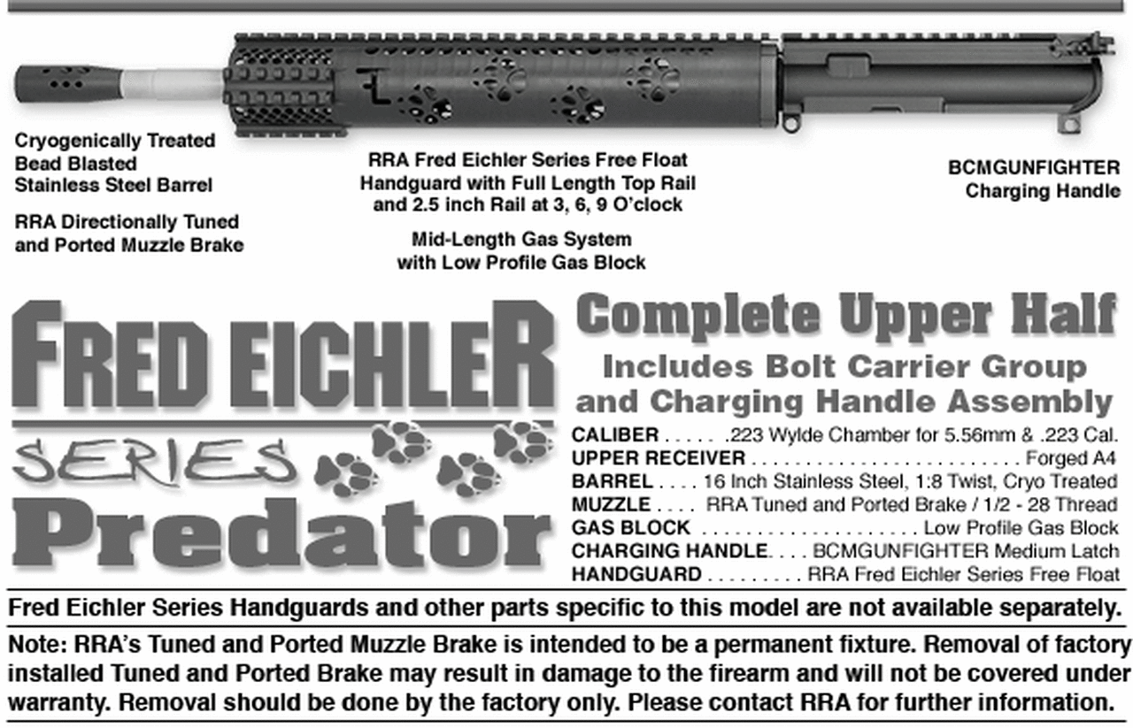 Rock River LAR-15 Fred Eichler Series Predator Upper 5.56/223 16″ SS Barrel, BCG & CH