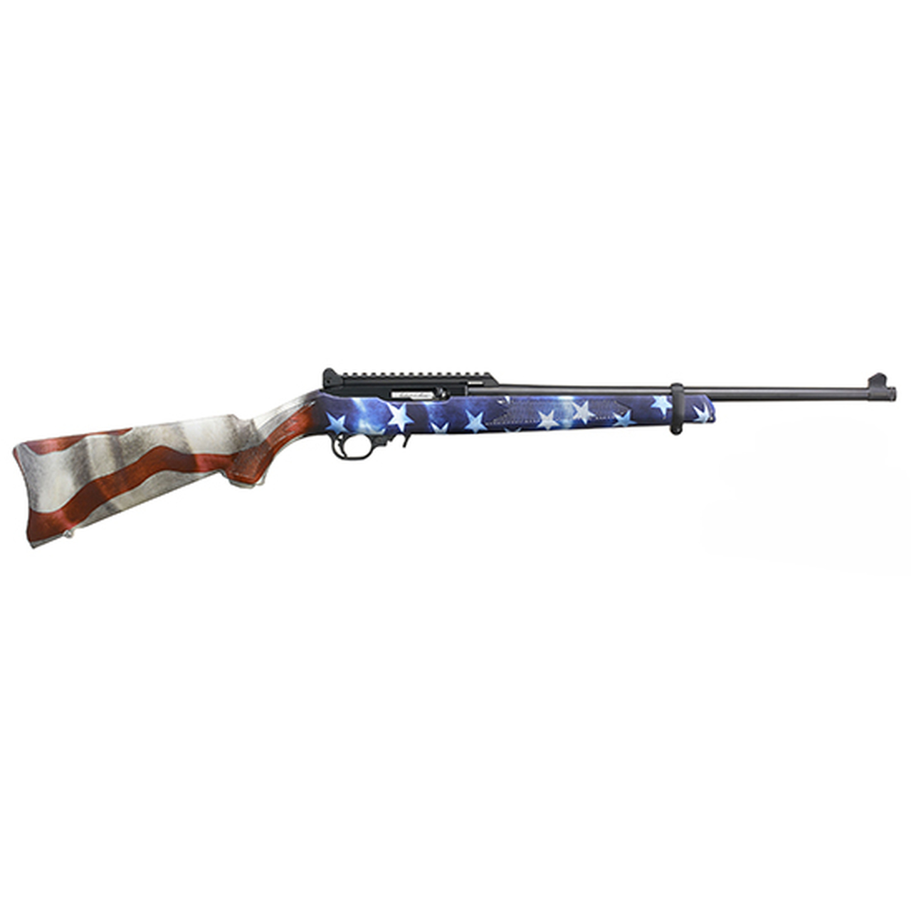 Ruger 10/22, Carbine, Semi-automatic, 22 LR, 18.5″ Threaded Barrel, Black Color, Satin Finish, Adjustable Ghost Ring Rear Sight, Protected Blade Front Sight, American Flag Synthetic Stock, 10Rd